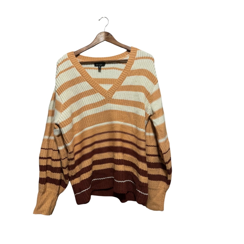 Jessica Simpson Striped V-Neck Sweater Womens XL Tan Orange Brown Excellent Knit